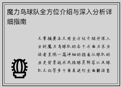 魔力鸟球队全方位介绍与深入分析详细指南