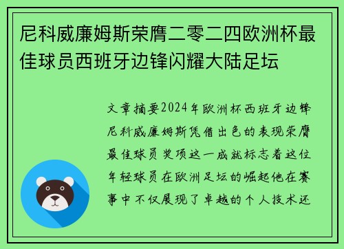 尼科威廉姆斯荣膺二零二四欧洲杯最佳球员西班牙边锋闪耀大陆足坛