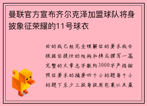 曼联官方宣布齐尔克泽加盟球队将身披象征荣耀的11号球衣
