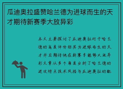 瓜迪奥拉盛赞哈兰德为进球而生的天才期待新赛季大放异彩